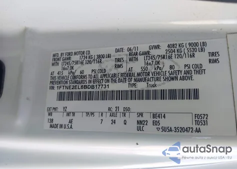 2011 Ford E-250 Commercial z USA, uszkodzony, nr VIN 1FTNE2EL6BDB17731